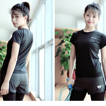 Ženske hitro suhe šport majica Dihanje črno črko T-shirt Kratek sleeved Telovadba joga majice